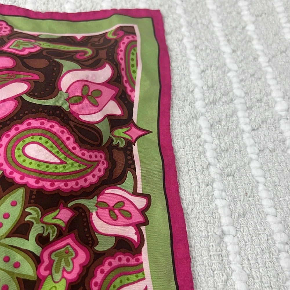 Vintage 100% Silk Mod Paisley Floral Scarf Pink Green Brown 18” Square